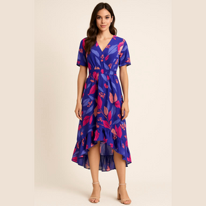 Abel the Label Santa Cruz Dress Floral Print Hi Low Maxi Fit & Flare Purple S